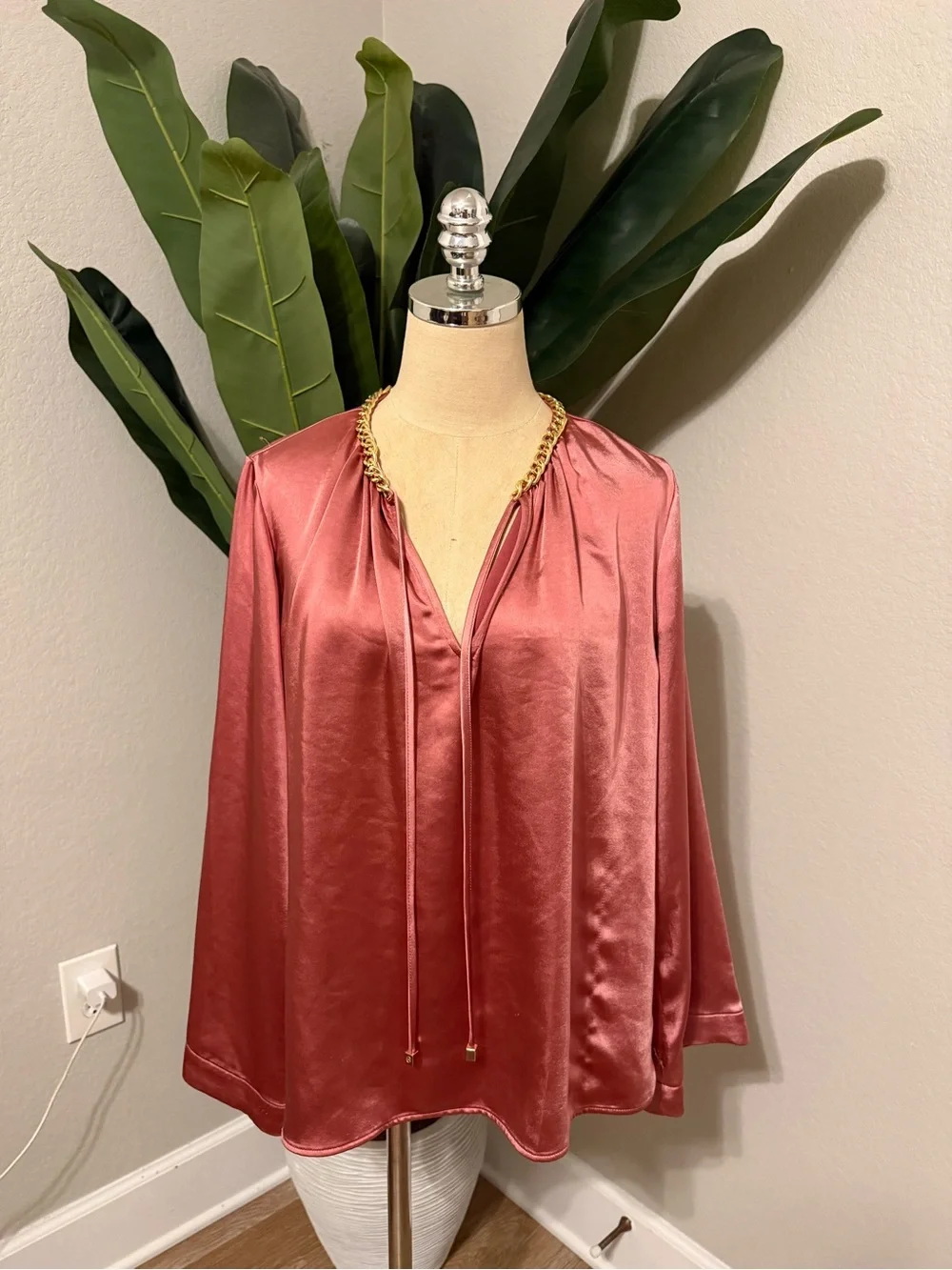 Michael Kors satin bell-sleeve chain-neck blouse Size L